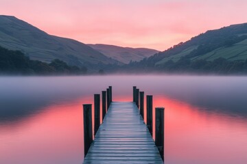 Poster - Serene Misty Dock with Vibrant Sunset over Calm Lake Landscape