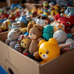 A box full of stuffed animals, including teddy bears and other toys