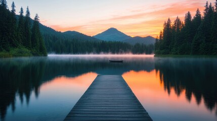 Poster - Serene Sunset over Calm Lake with Pier and Misty Mountains