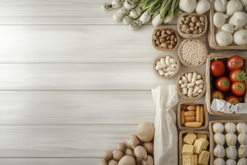 White grocery store counter with various food, food store top view background. Food on the kitchen table flat lay background.