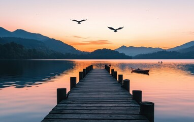 Poster - Serene Sunset Over Calm Lake with Birds and Wooden Dock