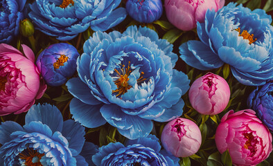 Poster - Beautiful bouquet of flowers with a mix of blue and pink flowers. The blue flowers are in the center of the bouquet, while the pink flowers are scattered around the edges. The arrangement is full