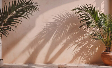 Poster - Wall with a plant in a pot and a palm tree. The palm tree is casting a shadow on the wall