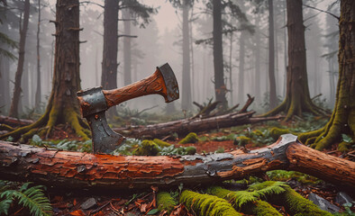 Poster - Large axe is laying on a log in the woods. The log is covered in moss and has fallen branches on it