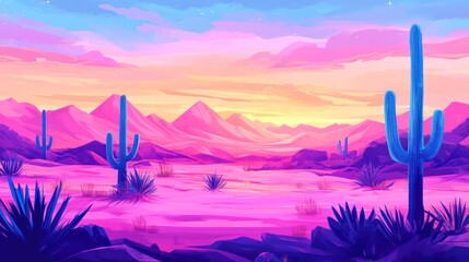 Poster - Vibrant sunset over a desert landscape with cacti and mountains. (1)