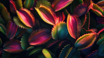 Poster - Vibrant close-up of numerous Venus flytraps, showcasing their intricate textures and colorful traps.