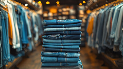 The jeans and short sleeves displayed on the shelves in the store