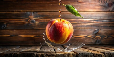 Wall Mural - A juicy peach is suspended in mid-air with a slow drip of juice falling from its surface onto a rustic wooden background, wood, juice, watercolor