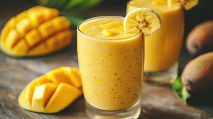 Tropical smoothie featuring ripe mango and banana slices in a refreshing glass on a rustic wooden table.