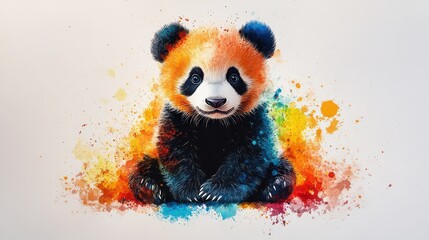 Wall Mural - Adorable red panda cub sitting amidst vibrant watercolor splashes.