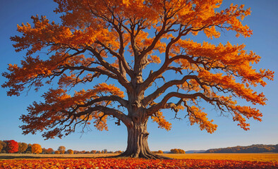 Poster - Large tree with orange leaves is in a field. The sky is blue and clear
