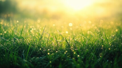 Wall Mural - morning sunlight illuminating a dewy green grass field with bokeh effects creating a serene nature b