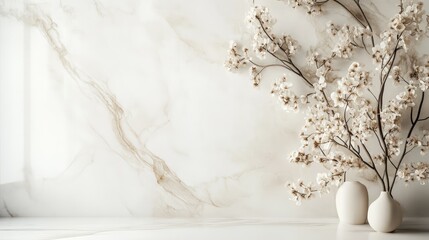 Wall Mural - delicate soft blooming flowers on white marble background showcasing minimalist design and subtle na