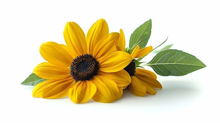 Wall Mural - two bright yellow sunflowers with green leaves on white background, isolated, for design use.