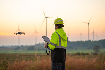 Wall Mural - engineer specialists pilot drone on wind turbine farm. architectural engineer and safety engineering