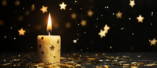 Wall Mural - gold candle illuminating celebration with confetti and sparkling stars against a dark background for