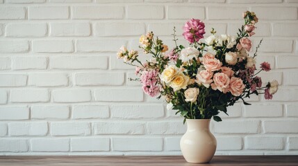 Wall Mural - Vintage floral arrangement in ceramic vase on coffee table with white brick wall creating a soft and inviting indoor atmosphere