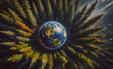 Wall Mural - globe is surrounded by trees. the globe is blue and white. the trees are green. the globe is in the 