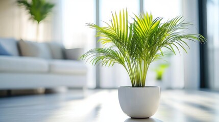 Wall Mural - Contemporary Minimalist Living Room with White Sofa Green Palm Tree and Abundant Daylight Through Large Windows