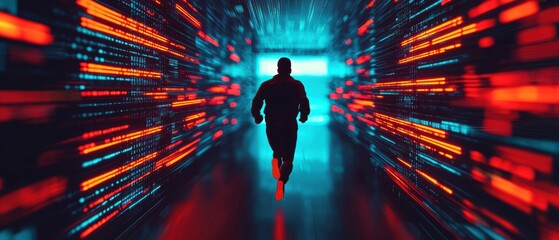 Poster - Runner in Futuristic Data Stream with Colorful Light Effects