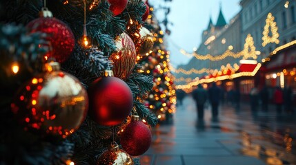 Canvas Print - Vibrant New Year ornaments on a snowy Christmas tree with colorful lights in a festive city square during the holiday season