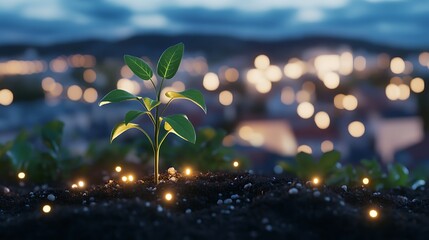 Wall Mural - A Small Plant Thriving in the Urban Landscape with a Glowing Light