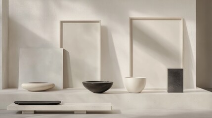 Wall Mural - Minimalist display featuring empty frames and contemporary pottery in soft natural lighting