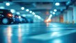 © DigitalDruid - Indoor parking lot with blurred background featuring bokeh lights on wet floor creating a soothing ambiance for modern architecture theme