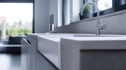 Stylish farmhouse sink and modern kitchen interior showcasing contemporary design and elegant hardware details in a bright space