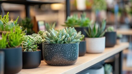 Wall Mural - Modern ceramic flowerpots displayed in a retail store showcasing a variety of succulents and greenery on wooden shelves