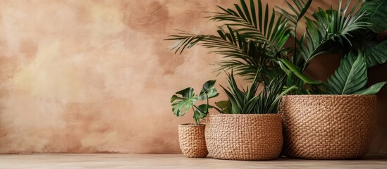 Wall Mural - Braided baskets with lush green plants on textured backdrop showcasing empty space for text and design elements.