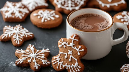 Canvas Print - Gingerbread cookies with decorative icing beside a steaming cup of hot chocolate on a dark background for festive winter atmosphere