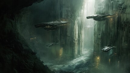 Sticker - Futuristic spaceships hover in a mysterious, cavernous canyon.