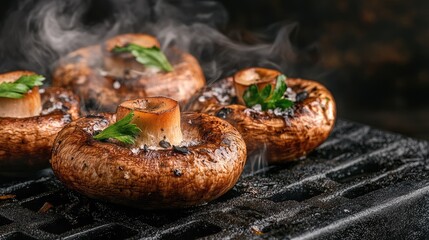 Wall Mural - Roasted mushrooms with smoke and herbs on charcoal grill against dark background enticing culinary banner image