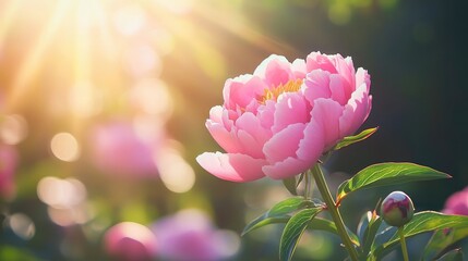 Pink peony blossom bathed in sunlight showcasing vibrant petals in a serene garden setting with soft bokeh background effects.