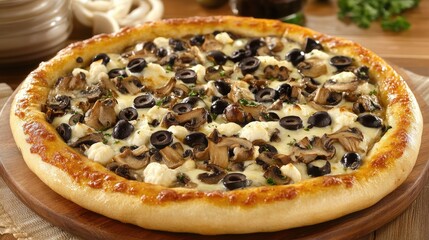 Poster - Mushroom and olive pizza topped with garlic and cheese on a wooden platter with fresh ingredients in the background