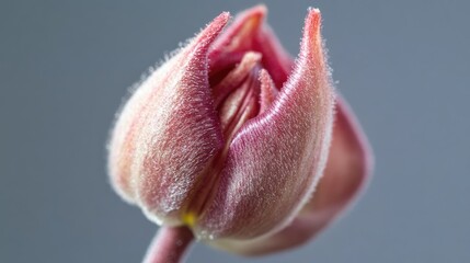 Wall Mural - Delicate close-up of a pink tulip bud showcasing velvety textures against a soft gray background in natural light.