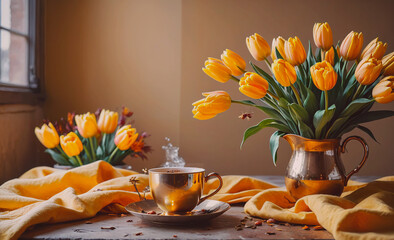 Poster - Table with a pitcher and a cup of tea. There are flowers in a vase on the table