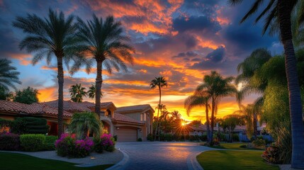Wall Mural - vibrant pink and orange sunset with cloudy sky illuminating palm trees and homes in a serene neighbo