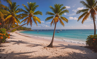 Poster - Beach with palm trees and a blue ocean. There are several boats in the water