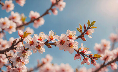 Poster - Branch of a tree with pink flowers. The flowers are in bloom. The sky is blue