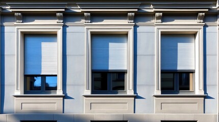 Wall Mural - Renovated building facade featuring new muntin windows and front mounted roller shutters casting elegant shadows