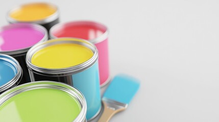 Wall Mural - Colorful paint cans with vibrant hues and a brush on a clean white surface for artistic and creative concepts.