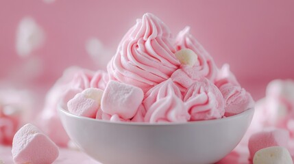 Poster - Homemade pink zephyr marshmallow dessert served in a bowl with soft pastel colors and delicate texture on a pink background