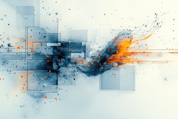 Wall Mural - A painting of a blue and orange wave with a lot of white and orange dots