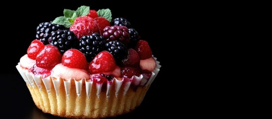 Poster - Mixed Berry Cupcake Artisan Dessert Decorated with Fresh Fruit Garnish on Black Background for Text Placement and Culinary Presentation