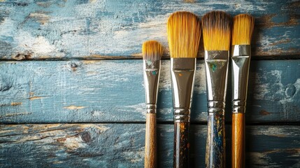 Wall Mural - Paint brushes arranged on textured wooden background highlighting artistic tools for painting and creative expression