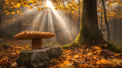 Poster - Sunbeams illuminate a large mushroom resting on a rock in an autumn forest.