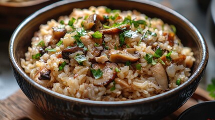 Wall Mural - Savory Mushroom and Chicken Rice Bowl Perfect for Cozy Winter Dinners