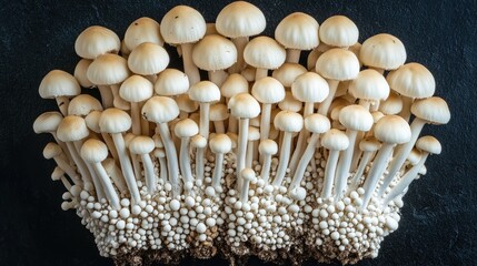 Wall Mural - Fresh edible mushrooms displayed artistically on a dark background arranged in a square formation from an aerial perspective.